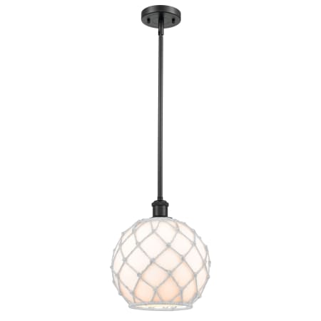 A large image of the Innovations Lighting 516-1S Large Farmhouse Rope Matte Black / White Glass with White Rope