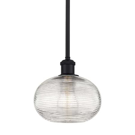 A large image of the Innovations Lighting 516-1S-9-8 Ithaca Pendant Matte Black / Clear Ithaca