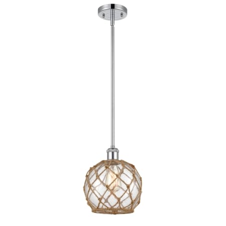A large image of the Innovations Lighting 516-1S Farmhouse Rope Polished Chrome / Clear Glass with Brown Rope