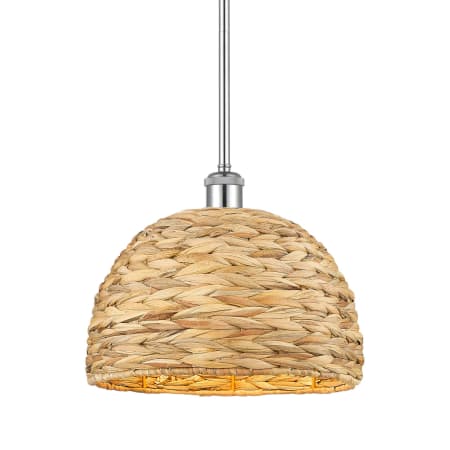 A large image of the Innovations Lighting 516-1S-11-12 Woven Rattan Pendant Polished Chrome / Natural