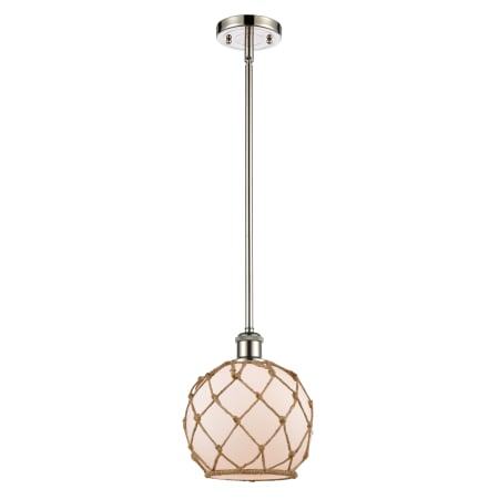 A large image of the Innovations Lighting 516-1S Farmhouse Rope Polished Nickel / White Glass with Brown Rope