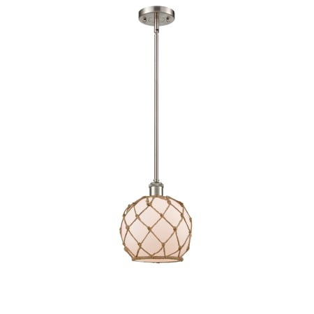 A large image of the Innovations Lighting 516-1S Farmhouse Rope Brushed Satin Nickel / White Glass with Brown Rope
