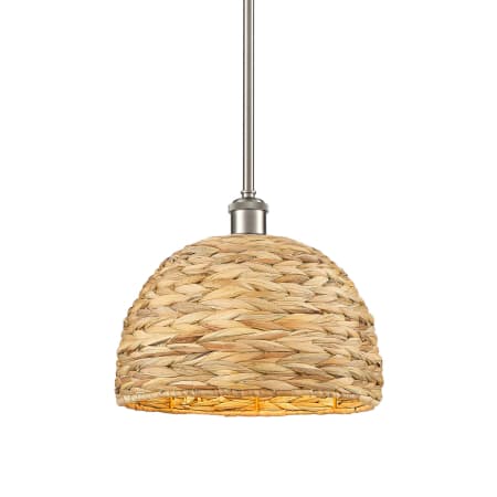 A large image of the Innovations Lighting 516-1S-11-12 Woven Rattan Pendant Satin Nickel / Natural