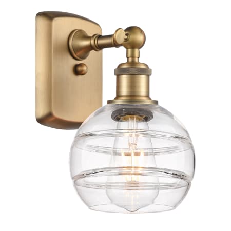 A large image of the Innovations Lighting 516-1W-9-6 Rochester Sconce Brushed Brass / Clear