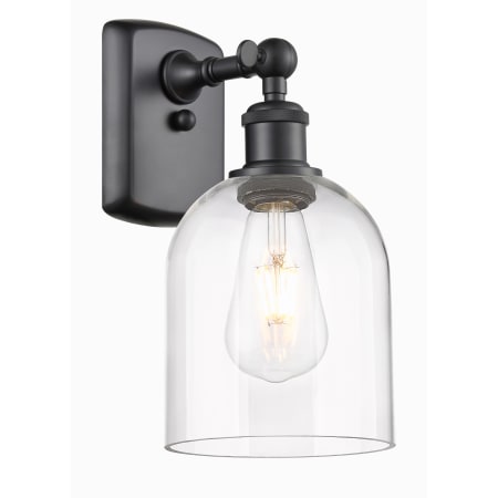 A large image of the Innovations Lighting 516-1W-11-6 Bella Sconce Matte Black / Clear