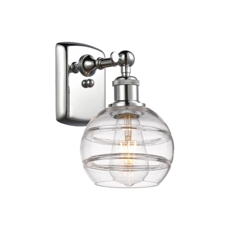 A large image of the Innovations Lighting 516-1W-9-6 Rochester Sconce Polished Chrome / Clear