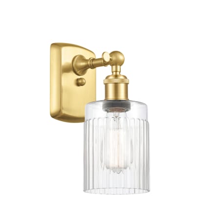 A large image of the Innovations Lighting 516-1W-9-5 Hadley Sconce Satin Gold / Clear
