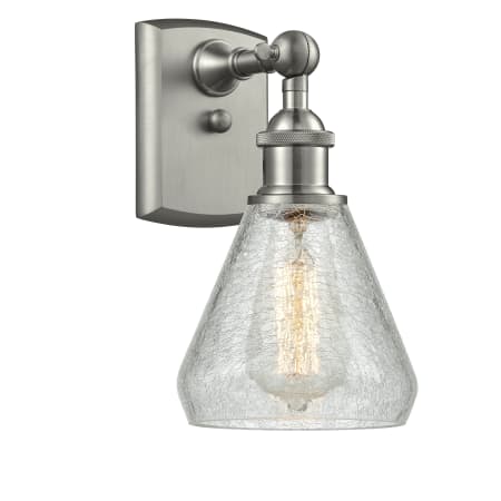 A large image of the Innovations Lighting 516-1W Conesus Brushed Satin Nickel / Clear Crackle