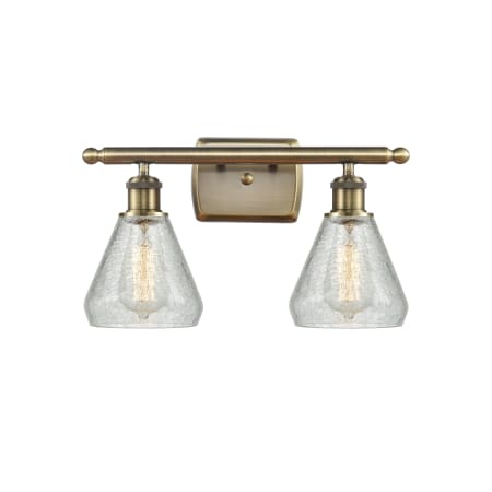 A large image of the Innovations Lighting 516-2W-12-16 Conesus Vanity Clear Crackle / Antique Brass