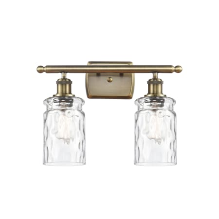 A large image of the Innovations Lighting 516-2W-12-16 Candor Vanity Clear Water Glass / Antique Brass