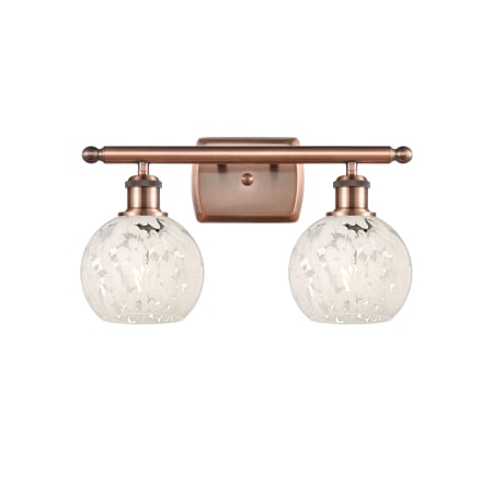 A large image of the Innovations Lighting 516-2W-9-16 White Mouchette Vanity Antique Copper / White Mouchette