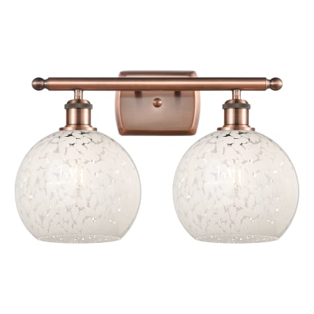 A large image of the Innovations Lighting 516-2W-11-18 White Mouchette Vanity Antique Copper / White Mouchette