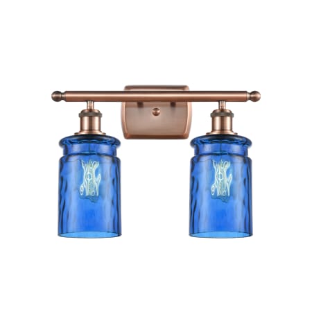 A large image of the Innovations Lighting 516-2W Candor Antique Copper / Princess Blue Waterglass