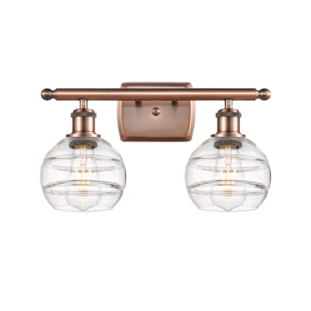 A large image of the Innovations Lighting 516-2W-9-16 Rochester Vanity Antique Copper / Clear