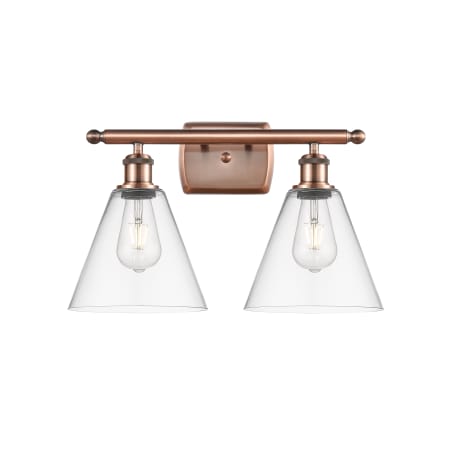 A large image of the Innovations Lighting 516-2W-11-18 Berkshire Vanity Antique Copper / Clear