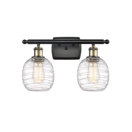 A large image of the Innovations Lighting 516-2W-11-16 Belfast Vanity Black Antique Brass / Deco Swirl