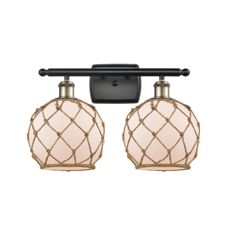 A large image of the Innovations Lighting 516-2W Farmhouse Rope Black Antique Brass / White / Brown