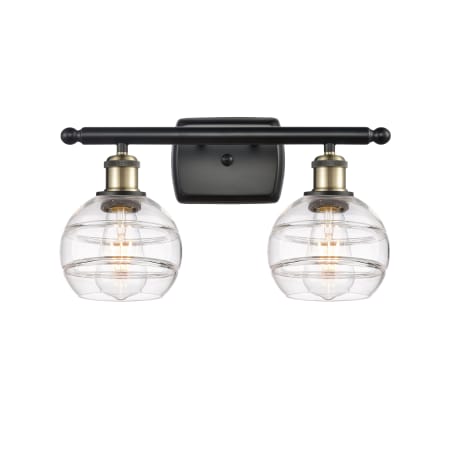 A large image of the Innovations Lighting 516-2W-9-16 Rochester Vanity Black Antique Brass / Clear