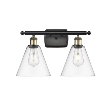 A large image of the Innovations Lighting 516-2W-11-18 Berkshire Vanity Black Antique Brass / Clear