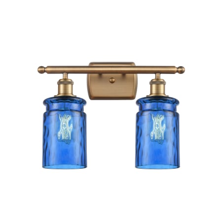 A large image of the Innovations Lighting 516-2W Candor Brushed Brass / Princess Blue Waterglass