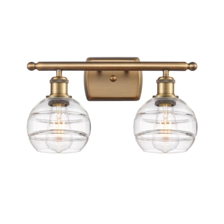 A large image of the Innovations Lighting 516-2W-9-16 Rochester Vanity Brushed Brass / Clear