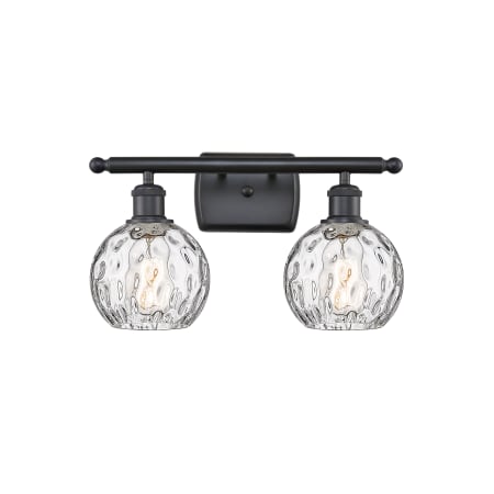 A large image of the Innovations Lighting 516-2W-11-16 Athens Vanity Matte Black / Clear Water Glass