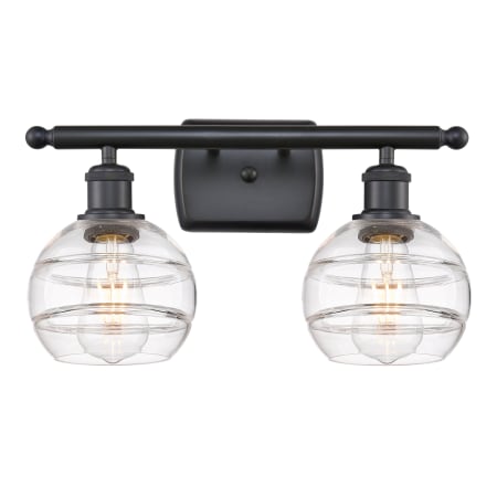 A large image of the Innovations Lighting 516-2W-9-16 Rochester Vanity Matte Black / Clear