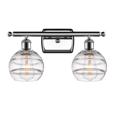 A large image of the Innovations Lighting 516-2W-9-16 Rochester Vanity Polished Chrome / Clear