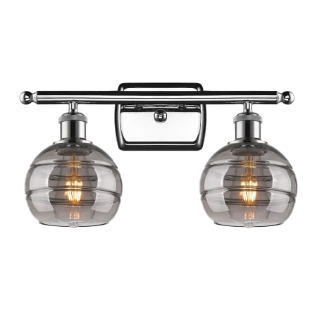 A large image of the Innovations Lighting 516-2W-9-16 Rochester Vanity Polished Chrome / Light Smoke