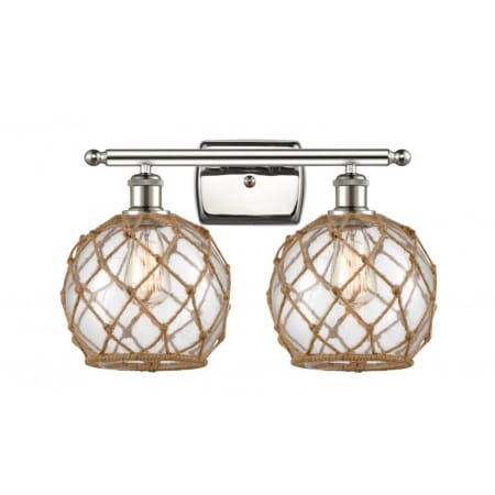 A large image of the Innovations Lighting 516-2W Farmhouse Rope Polished Nickel / Clear / Brown