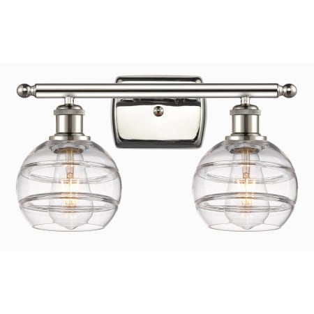 A large image of the Innovations Lighting 516-2W-9-16 Rochester Vanity Polished Nickel / Clear