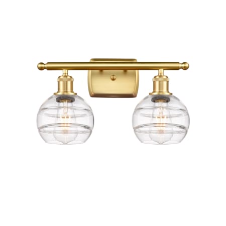 A large image of the Innovations Lighting 516-2W-9-16 Rochester Vanity Satin Gold / Clear