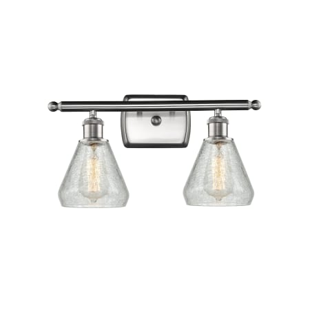 A large image of the Innovations Lighting 516-2W Conesus Brushed Satin Nickel / Clear Crackle