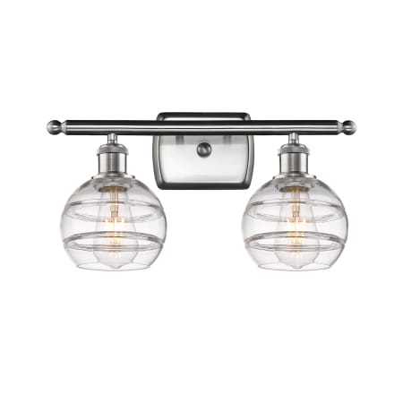 A large image of the Innovations Lighting 516-2W-9-16 Rochester Vanity Brushed Satin Nickel / Clear