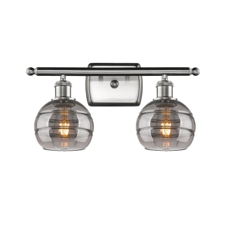 A large image of the Innovations Lighting 516-2W-9-16 Rochester Vanity Brushed Satin Nickel / Light Smoke