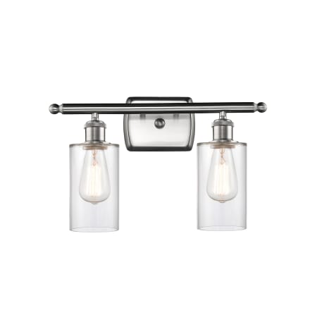 A large image of the Innovations Lighting 516-2W-12-16 Clymer Vanity Clear / Brushed Satin Nickel