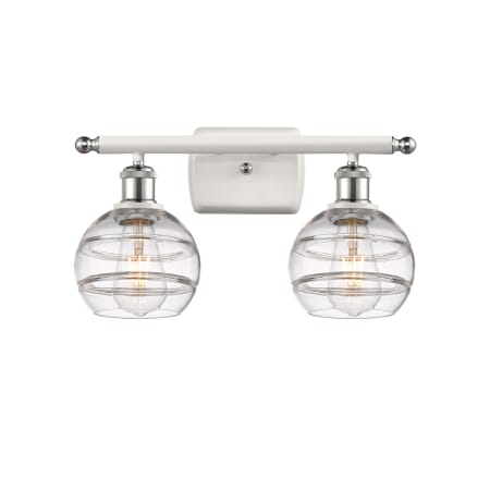 A large image of the Innovations Lighting 516-2W-9-16 Rochester Vanity White Polished Chrome / Clear