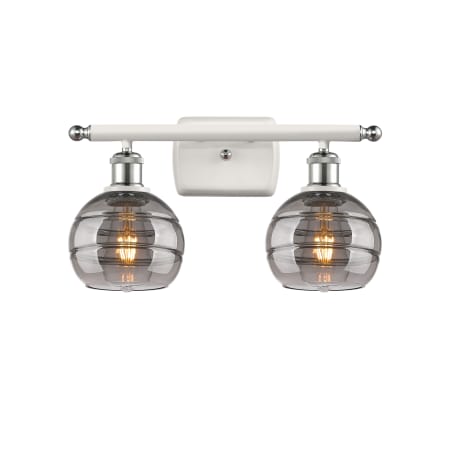 A large image of the Innovations Lighting 516-2W-9-16 Rochester Vanity White Polished Chrome / Light Smoke