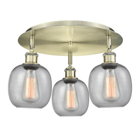 A large image of the Innovations Lighting 516-3C-10-18 Belfast Flush Antique Brass / Seedy