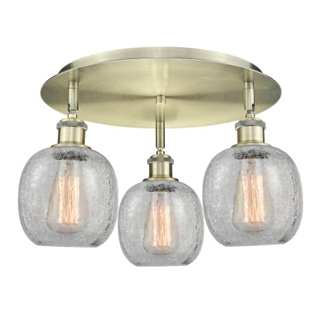 A large image of the Innovations Lighting 516-3C-10-18 Belfast Flush Antique Brass / Clear Crackle