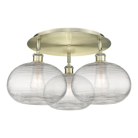 A large image of the Innovations Lighting 516-3C-11-22 Ithaca Flush Antique Brass / Clear Ithaca
