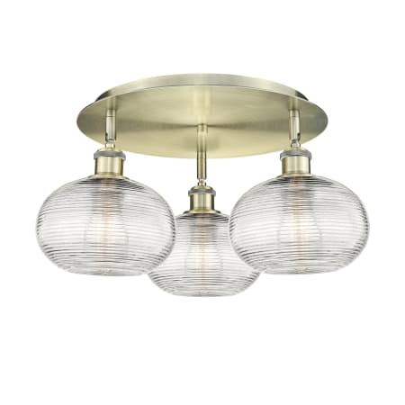 A large image of the Innovations Lighting 516-3C-8-18 Ithaca Flush Antique Brass / Clear Ithaca