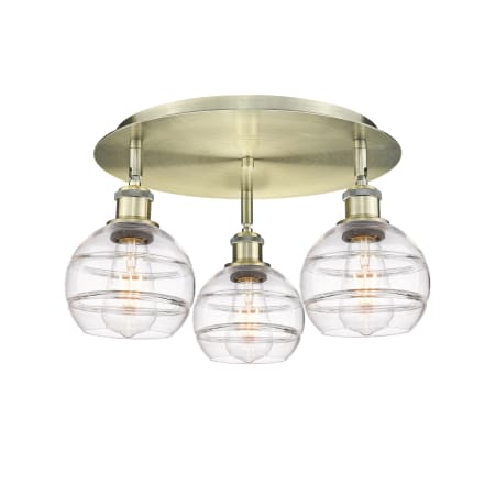 A large image of the Innovations Lighting 516-3C-9-18 Rochester Flush Antique Brass / Clear