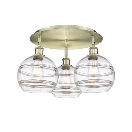 A large image of the Innovations Lighting 516-3C-11-20 Rochester Flush Antique Brass / Clear