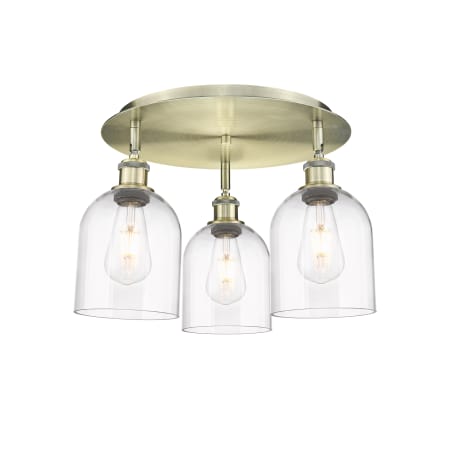 A large image of the Innovations Lighting 516-3C-11-18 Bella Flush Antique Brass / Clear