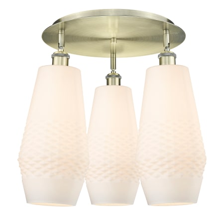 A large image of the Innovations Lighting 516-3C-17-19 Windham Flush Antique Brass / White