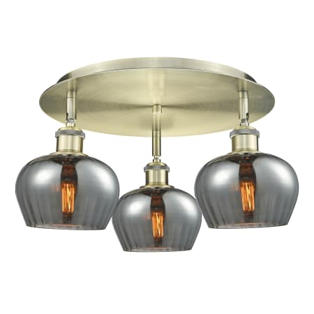 A large image of the Innovations Lighting 516-3C-8-19 Fenton Flush Antique Brass / Plated Smoke