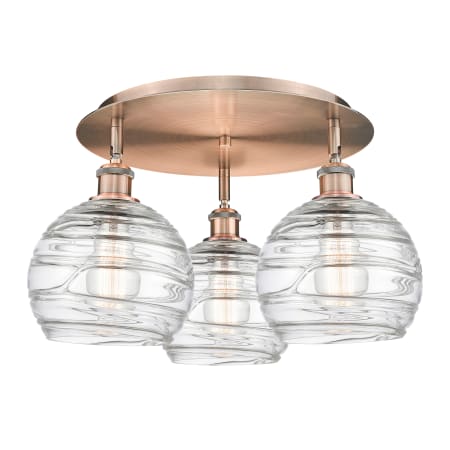 A large image of the Innovations Lighting 516-3C-11-20 Athens Deco Swirl Flush Antique Copper / Clear Deco Swirl