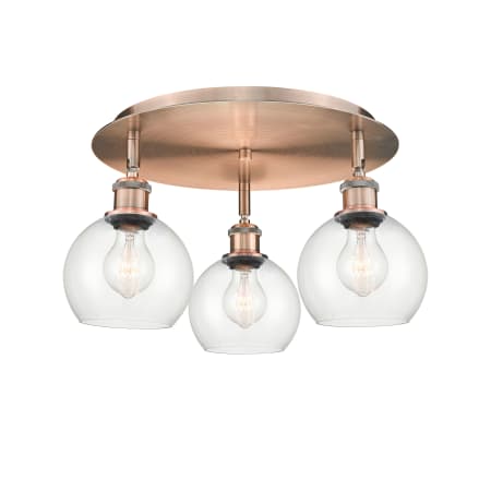 A large image of the Innovations Lighting 516-3C-9-18 Athens Flush Antique Copper / Clear