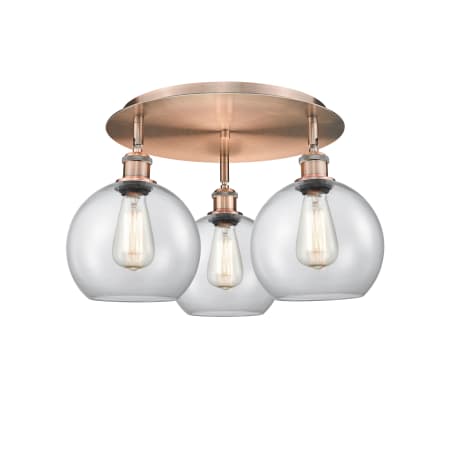 A large image of the Innovations Lighting 516-3C-11-20 Athens Flush Antique Copper / Clear